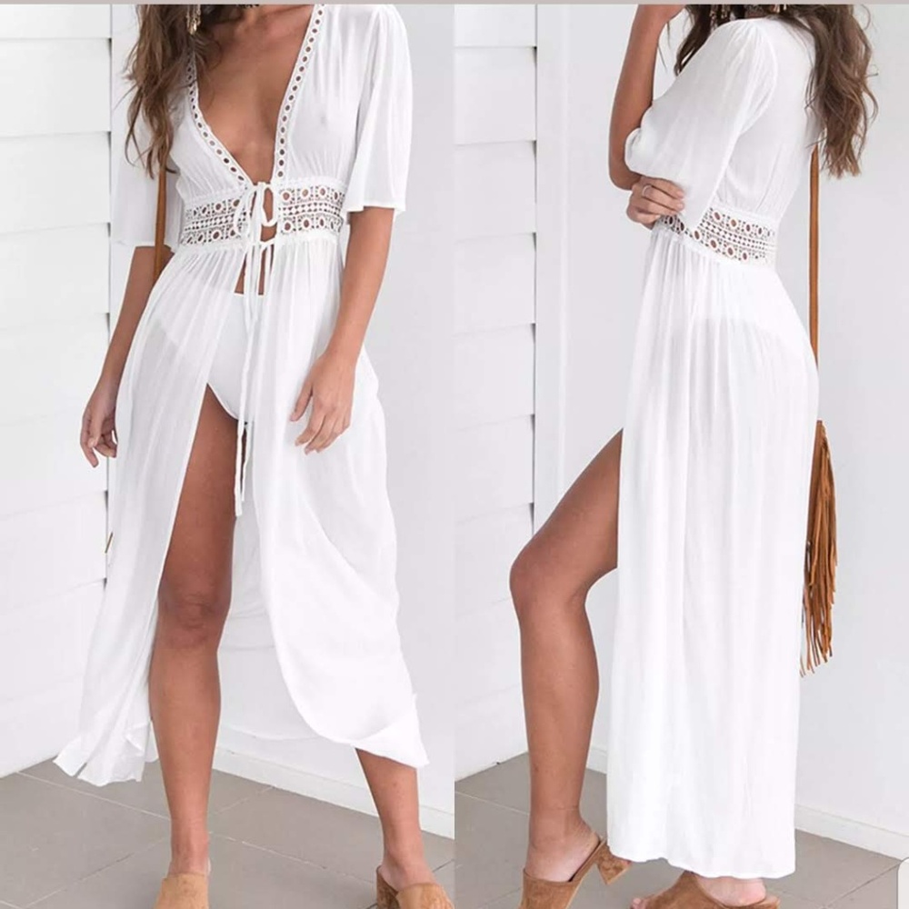 CCO Sexy Boho Kaftan Chiffon Crochet Beach CoverUp - Picture 2 of 7